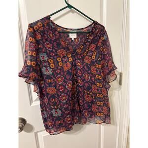 MISA  Los Angeles sheer floral short sleeve blouse Sz L EUC fall colors